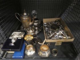 Cage containing silver teaspoons, plus egg cup, silver plated tea service and loose cutlery