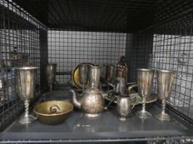 Cage containing silver plate, to include goblets and trays, plus flat iron and trivet