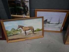 (5) 2 oil paintings of the racehorse Nijinsky plus a winter landscape