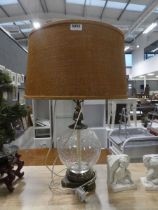 Crackle glass table lamp with woven shade