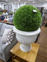 +VAT Pair of cream moulded jardinières one with an artificial yew ball