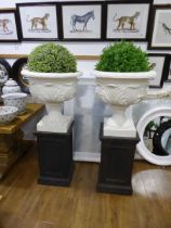 +VAT Pair of moulded urns with artificial box balls mounted on black plinths