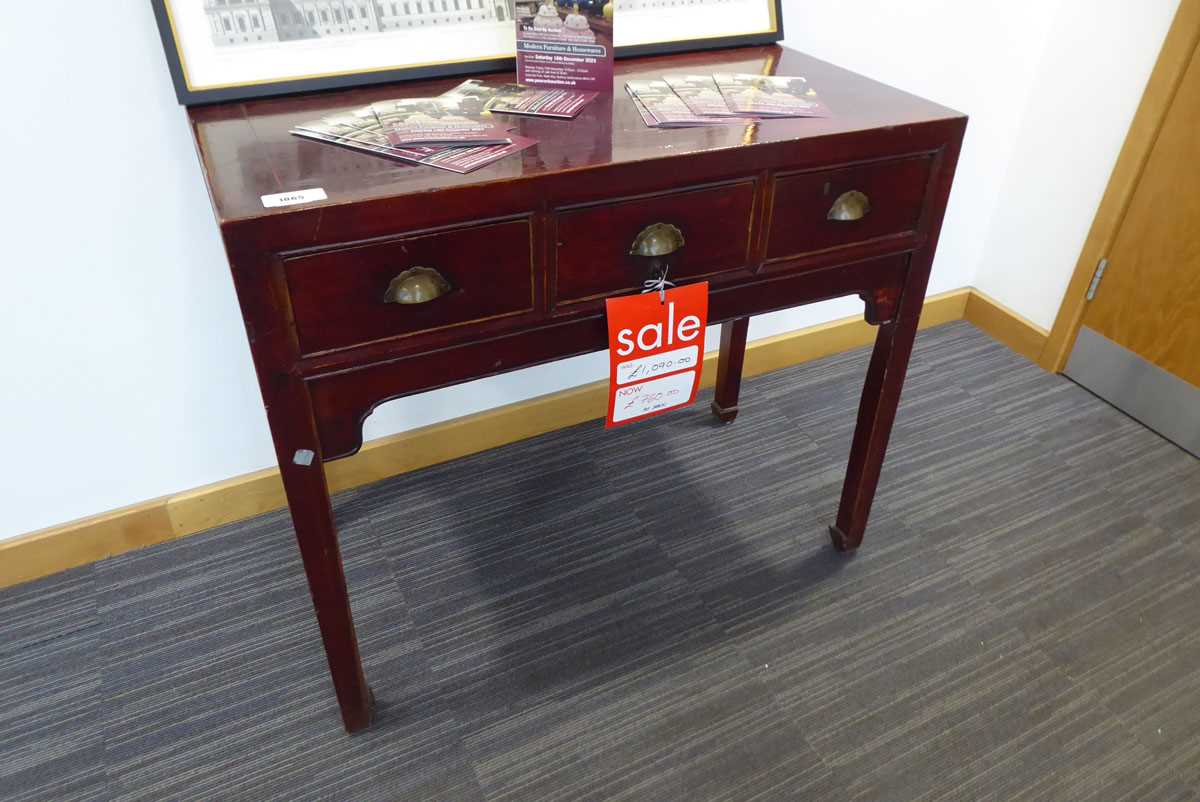 +VAT Oriental mahogany finish 3 drawer side table - Image 2 of 3