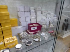+VAT Shelf of various trinket cases, miniature frames, scent bottles etc