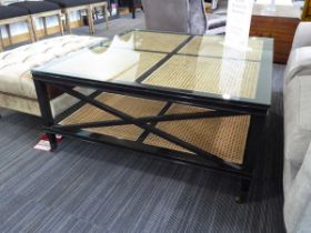 +VAT Ebonised and bergere square coffee table on castors with shelf under