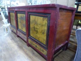 +VAT Large oriental red laquer and decorative panel sideboard with 3 low drawers