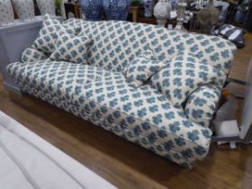 +VAT Large 3 seater sofa in cream and blue floral patterned material with 4 scatter cushions
