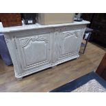 +VAT Heavily carved distressed grey painted double door cupboard