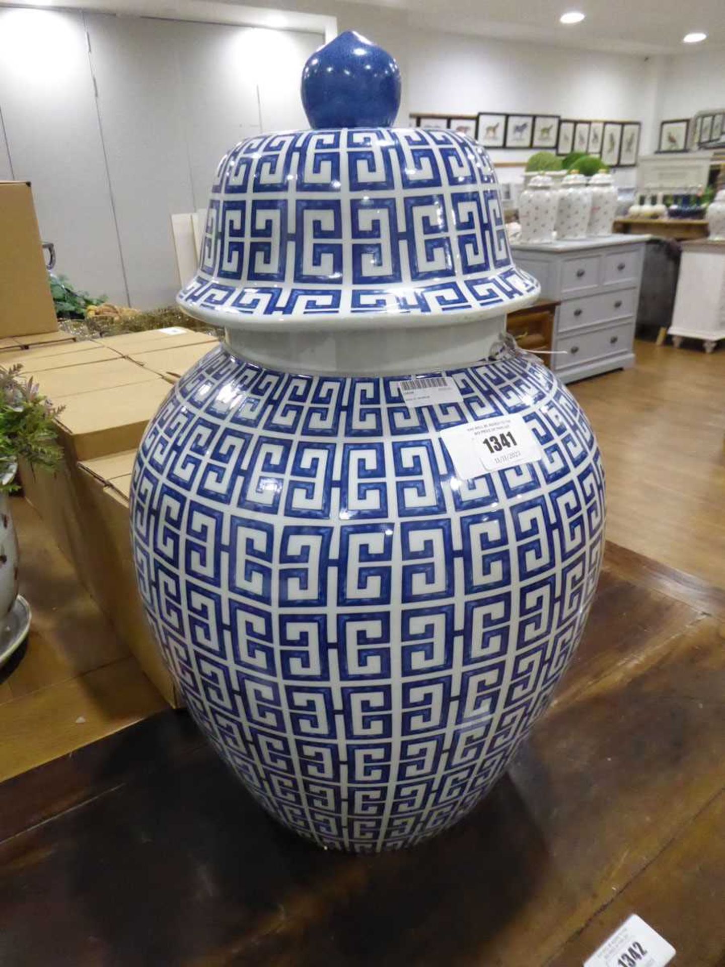 +VAT Large blue and white Kiriko temple jar