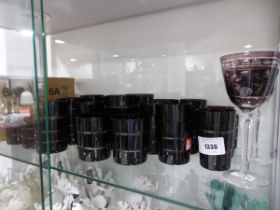 +VAT Shelf of various coloured and other drinking glasses