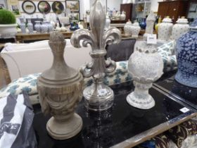 +VAT Landsdown stone effect urn in distressed white finish, similar grey urn and fleur de lis