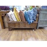 +VAT Early distressed wood and metal bound panelled seat unit