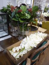 +VAT 3 chromium stick stands containing various artificial flowers and a box of artificial orchids