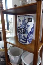 +VAT Blue and white Grand Tour stool together with 4 various planters (3 with saucers)