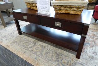+VAT Low mahogany and metal bound 2 drawer coffee table with shelf under