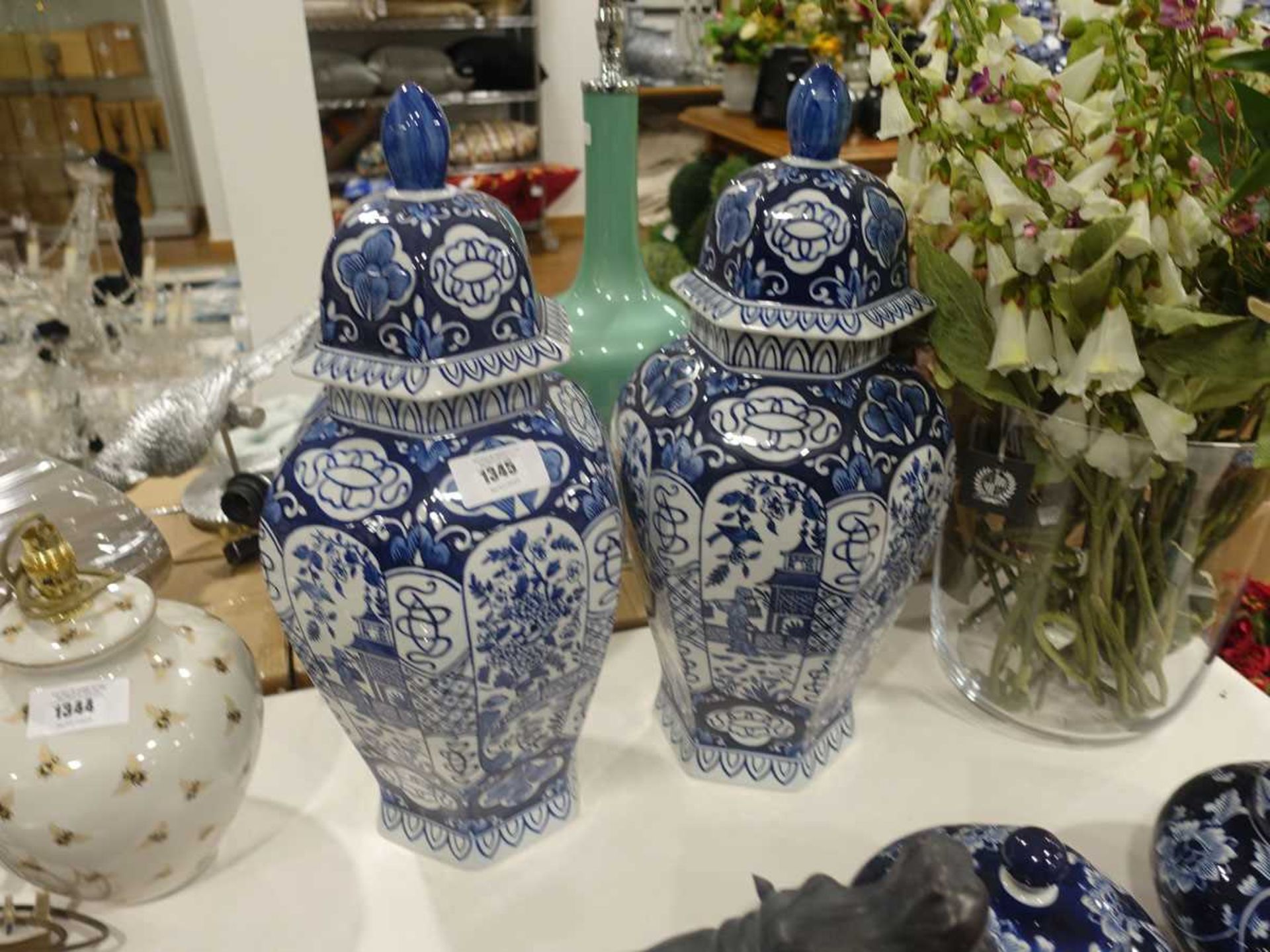 +VAT Pair of blue and white temple jars