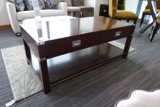 +VAT Mahogany finished and metal bound 2 drawer coffee table with shelf under