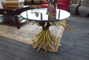 +VAT Circular glass top coffee table with ornate gilt finish bulrush base