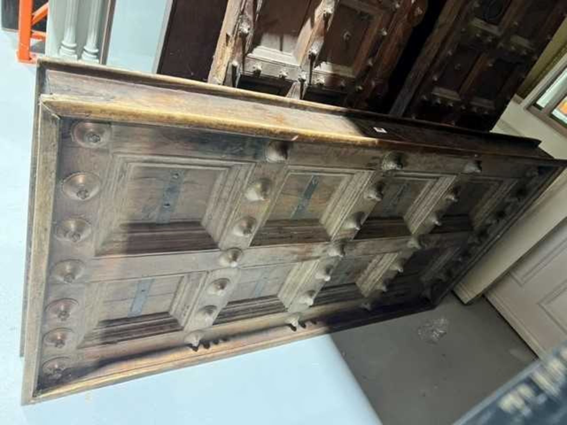 +VAT Pair of Asian hardwood panelled doors with brass furniture together with similar large panel - Image 8 of 9