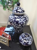 +VAT Grand Tour blue and white temple jar with cover together with smaller ditto