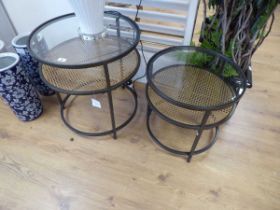 +VAT Circular black metal glass top and bergère effect coffee table with smaller ditto