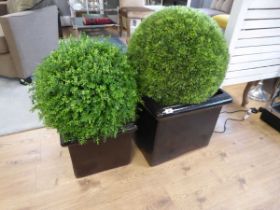 +VAT Pair of artificial yew balls in square black planters together with smaller artificial box in