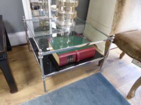 +VAT Pair of chromium framed and black glass square coffee tables