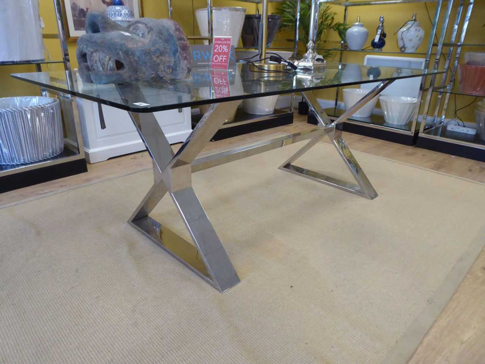 +VAT Chromium X frame dining table with glass top