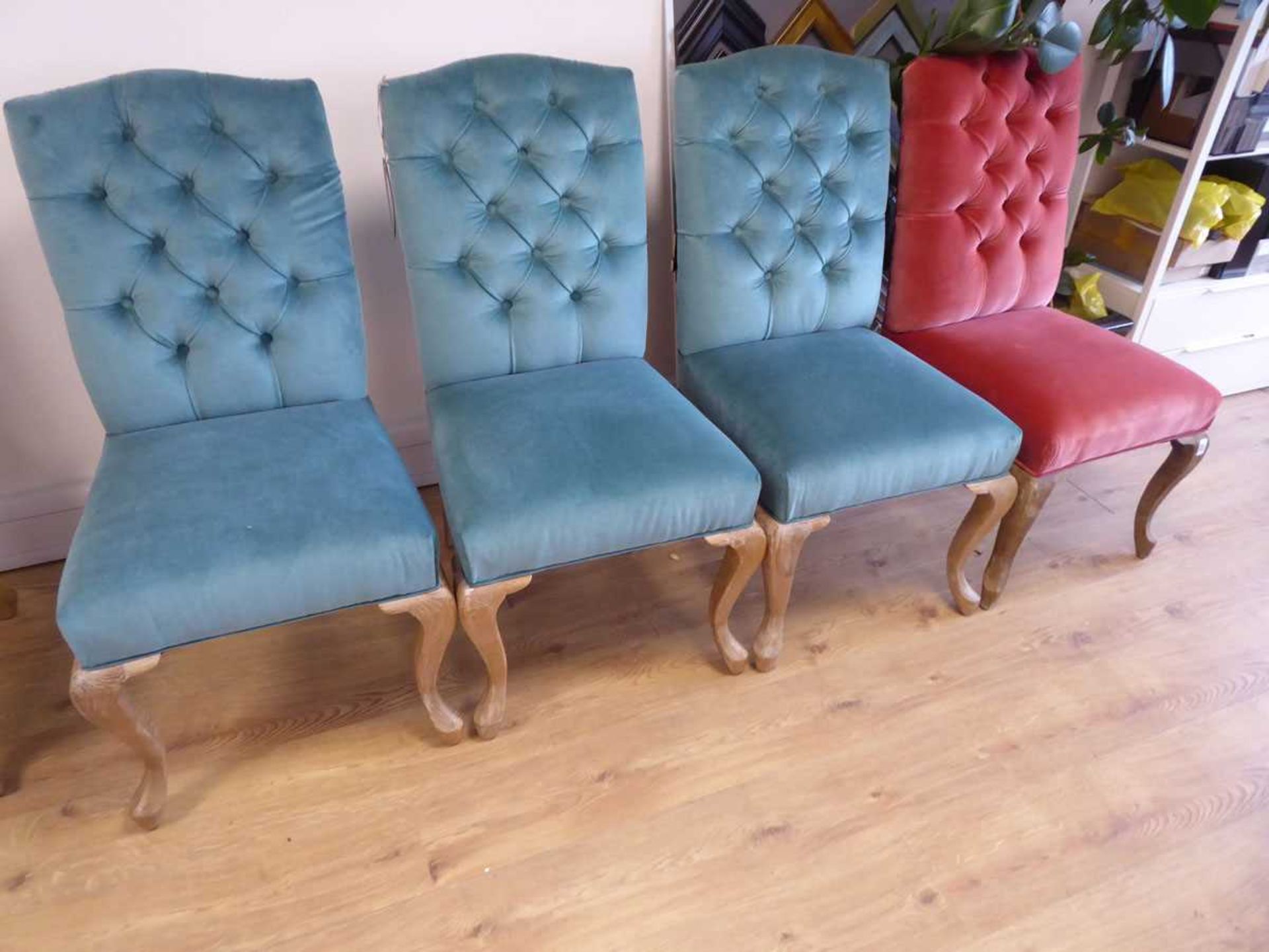 +VAT 3 turqoise coloured button back dining chairs on oak cabriole legs together with similar