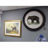 +VAT Framed circular print "elephant" in black frame together with a coloured print "camel"