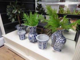 +VAT 5 items of blue and white potttery together with artificial ferns etc