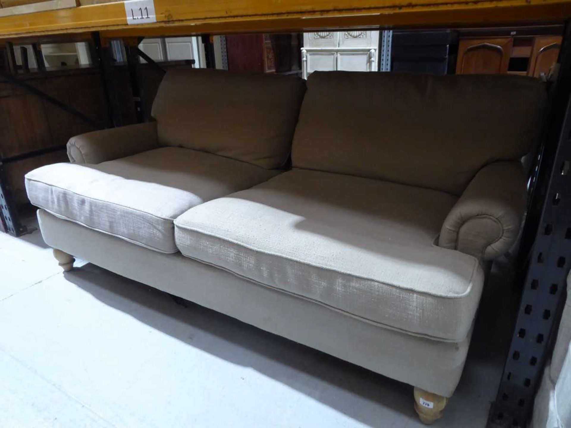 +VAT Large 2 seater chesterfield style sofa in oatmeal material Dimensions are 200 x 120 x 51cm high