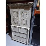 +VAT Asian style heavily carved and piainted double door cabinet with 4 drawers under