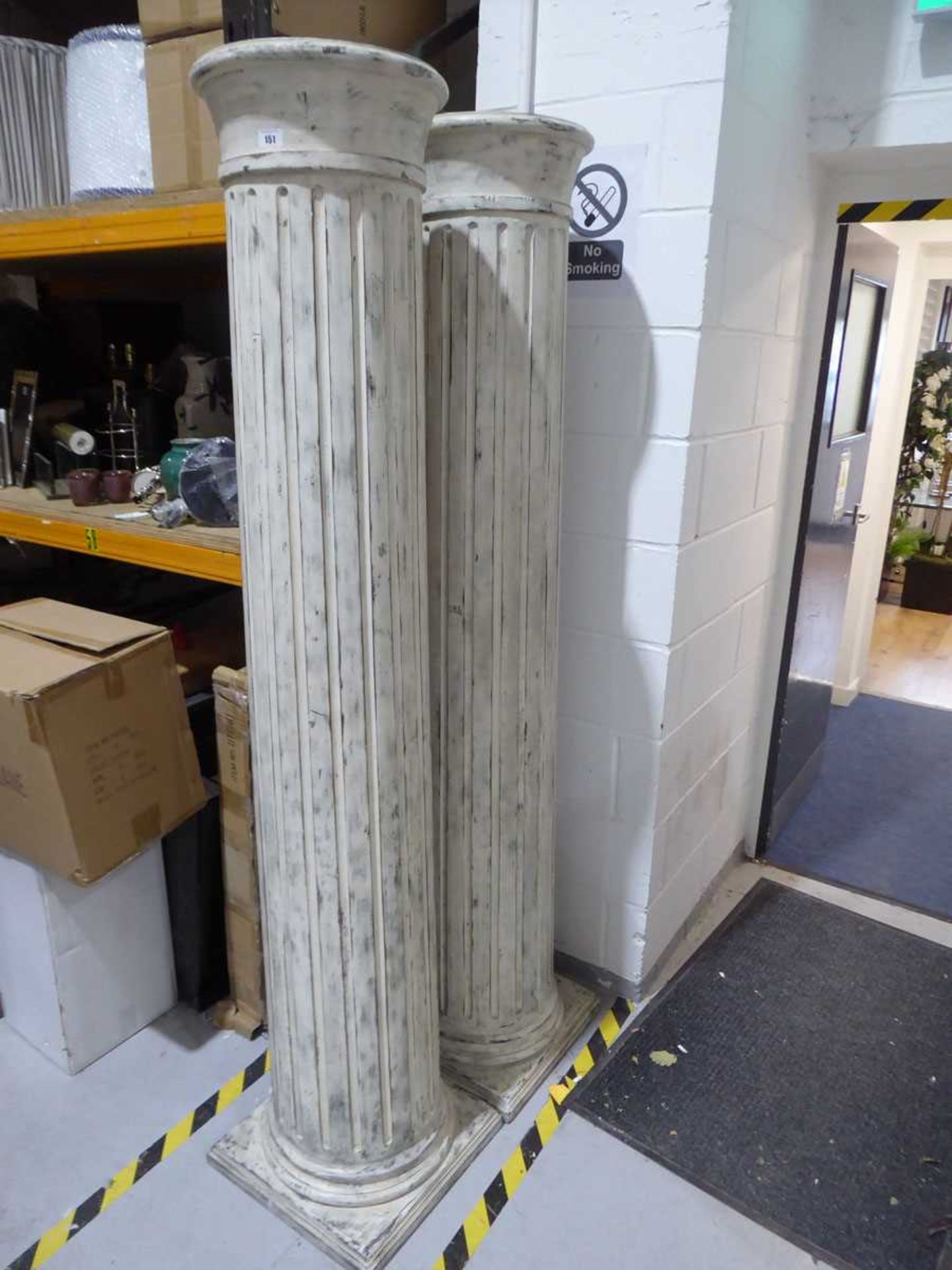 +VAT Pair of 2m high white painted and distressed wooden Corinthian columns