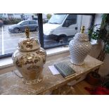 +VAT Gilt finish table lamp with bird decoration together with another similar sized table lamp