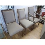 +VAT Four (3+1) carved oak framed dining chairs in various shades of oatmeal