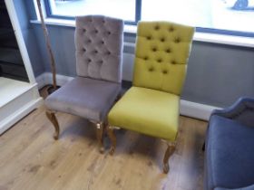 +VAT 2 distressed wood cabriole legged chairs in button back material - lime green and grey