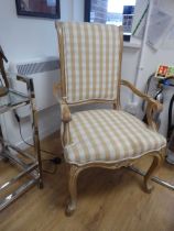 +VAT Reproduction limed and carved beech open armchair on cabriole legs in beige check pattern