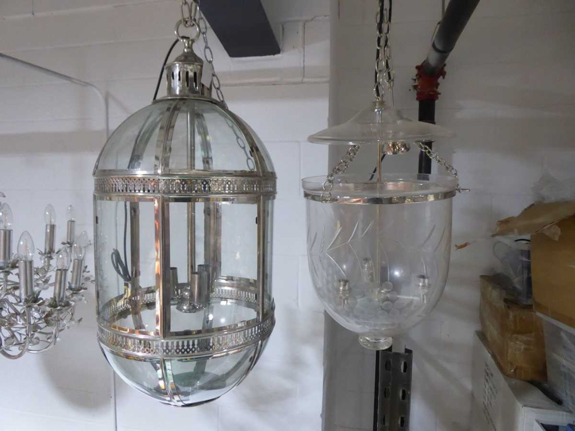+VAT Pill shaped chrome and green and glass ceiiling light fixture together with a smaller similar