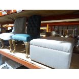 +VAT Pair of oak framed and turquoise button back dining chairs together with an oatmeal ottoman