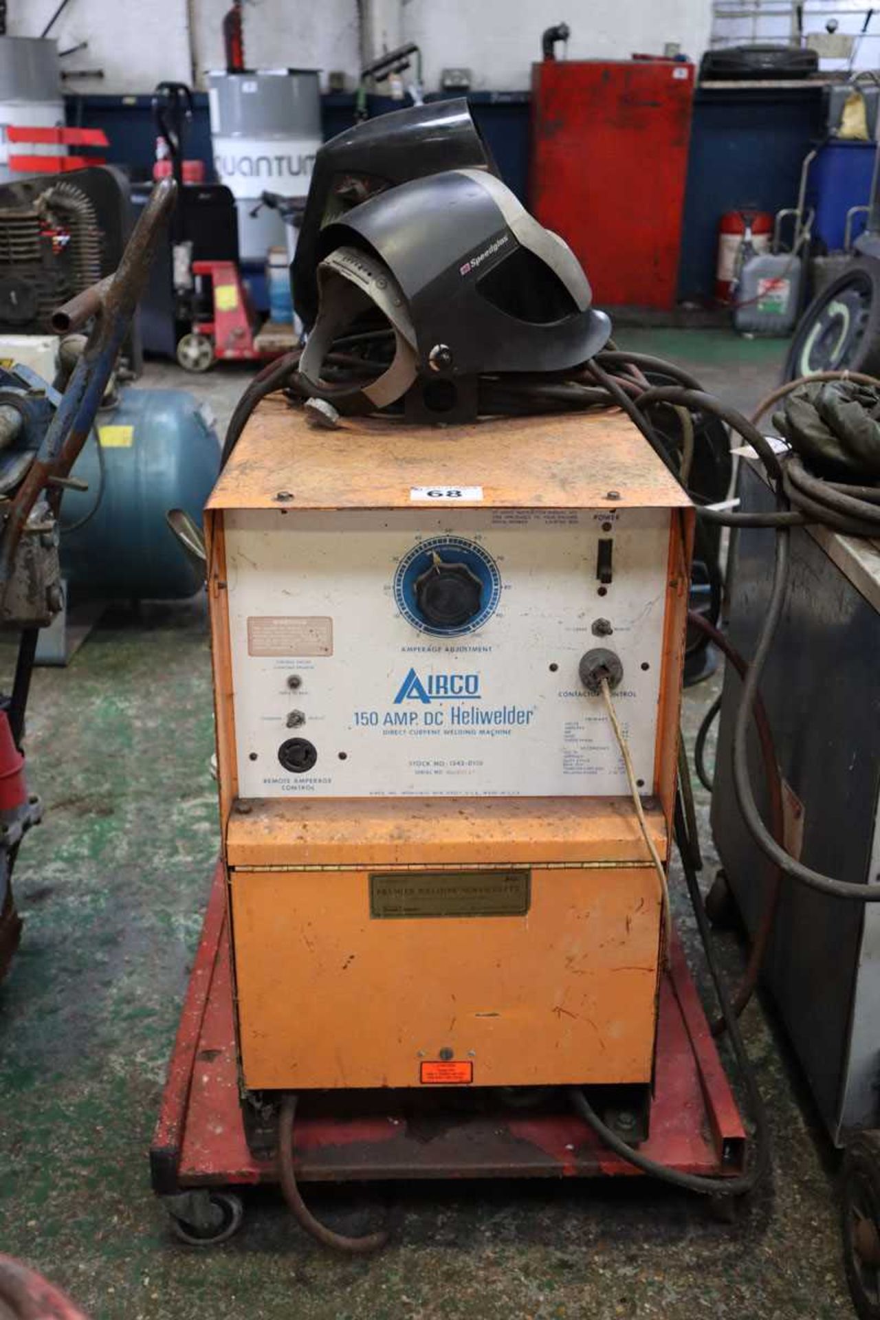+VAT Airco 150amp DC Heliwelder welding machine on a trolley with various cables and 2 welding