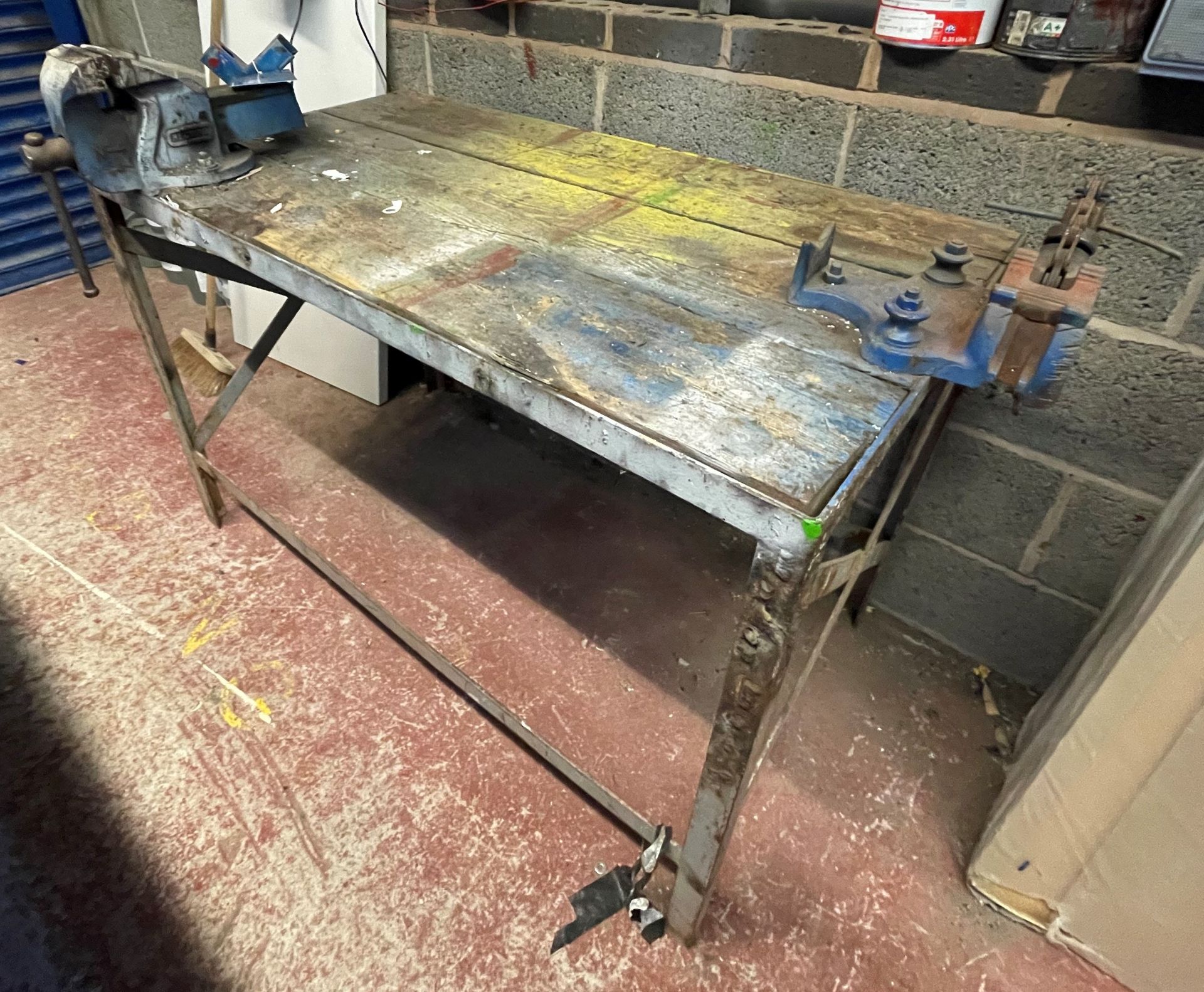 A Steel Framed Timber Top Workbench with Record No.4 4in Bench Vice and Super-Ego No.404 Chain Vice;