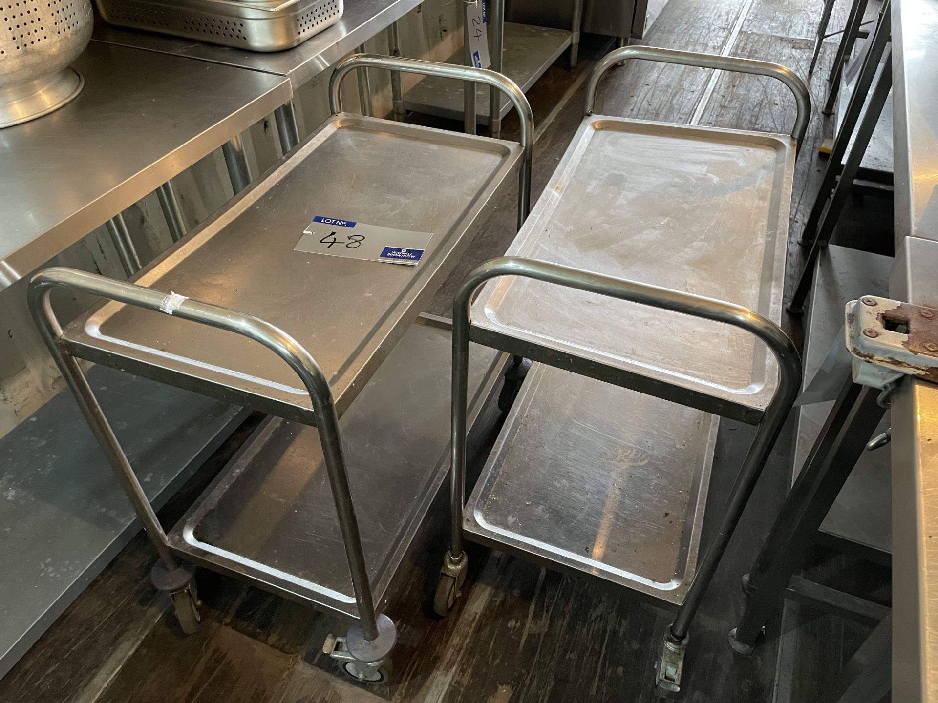 2 Stainless Steel 2 tier Catering Trollies, 80cm x 43cm x 70cm, damage to top shelf of one (