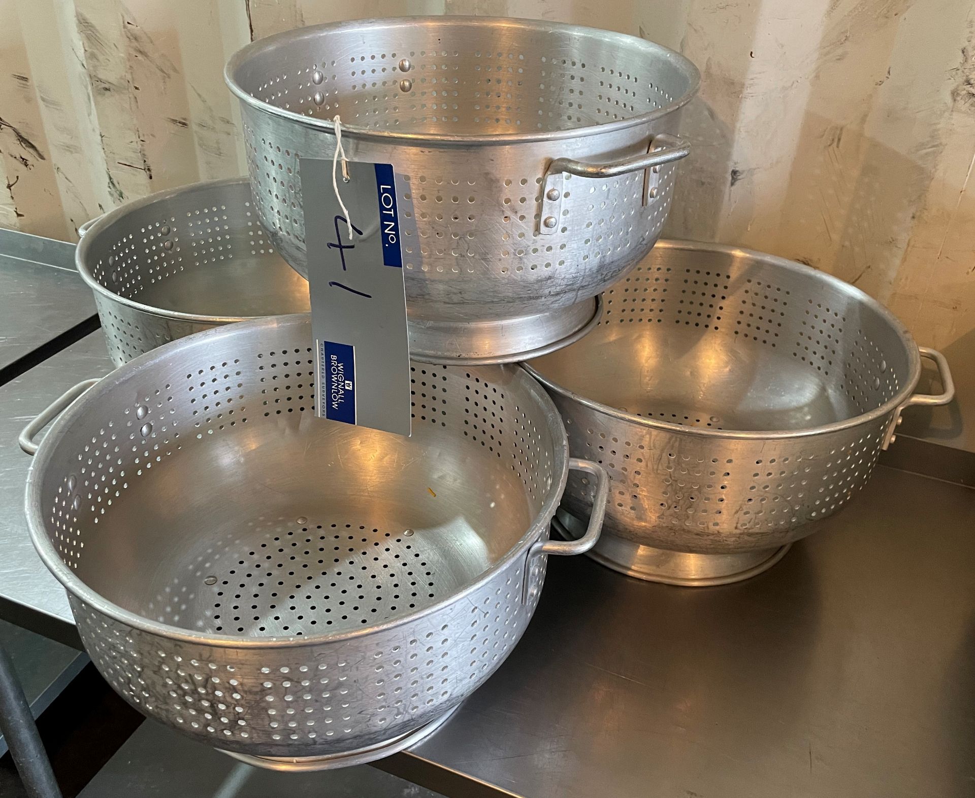 4 Aluminium Colanders, 14in dia x 9in dp (located at EMS Asset Management, Yard 1A, Bradley Hall