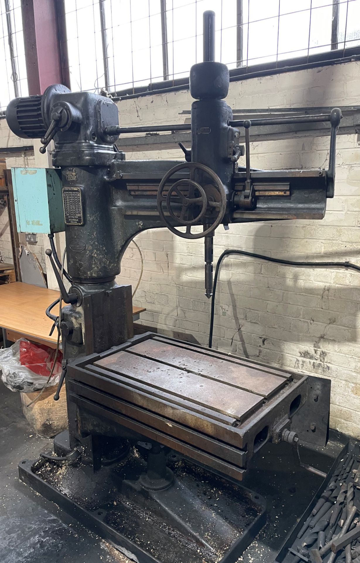 An Archdale 30in Radial Arm Drill with rise and fall table, 32in x 19in and tooling.
