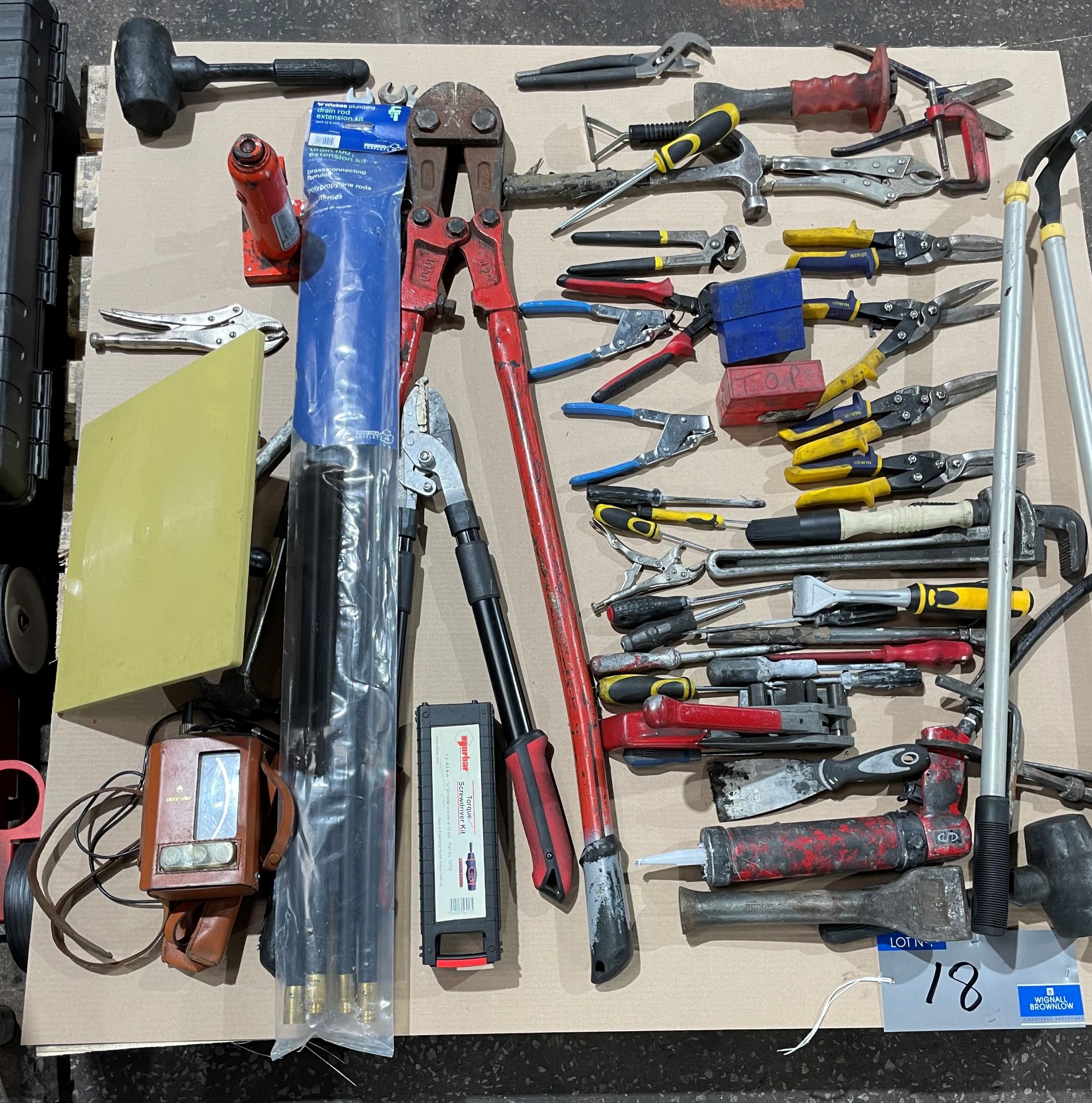 A Quantity of Hand Tools and Equipment including Bolt Cutters, Hedge Croppers, Draining Rods, Line