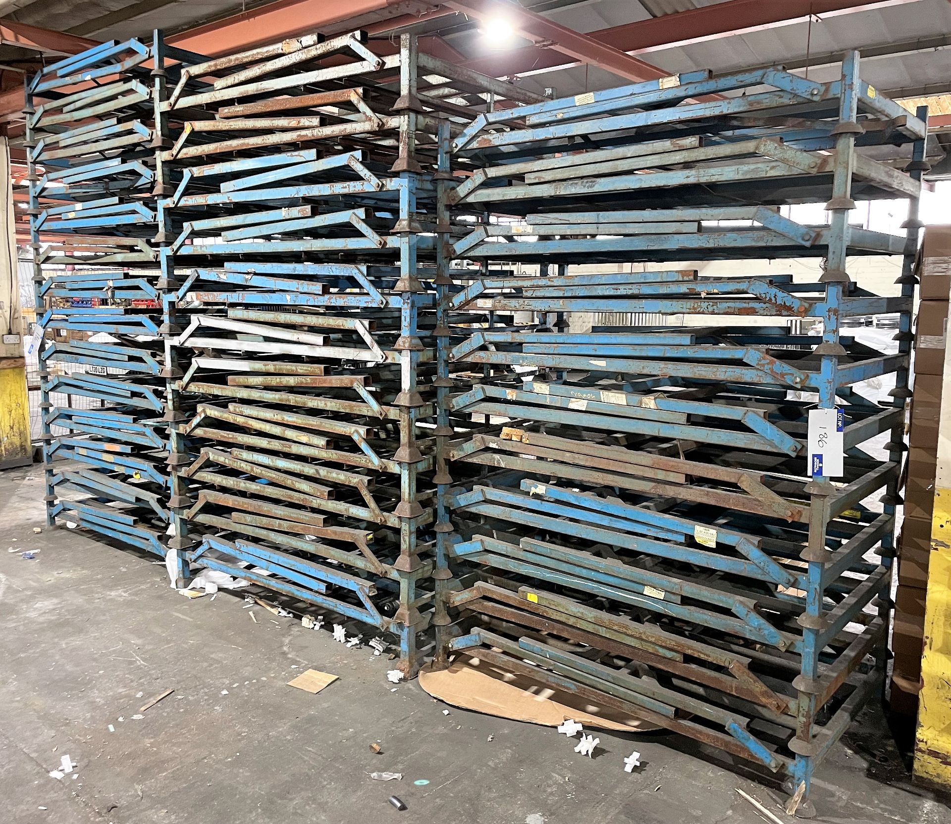 36 Welded Steel/Collapsible Tyre Storage Pallets, 65in w x 39in dp x 48in h.