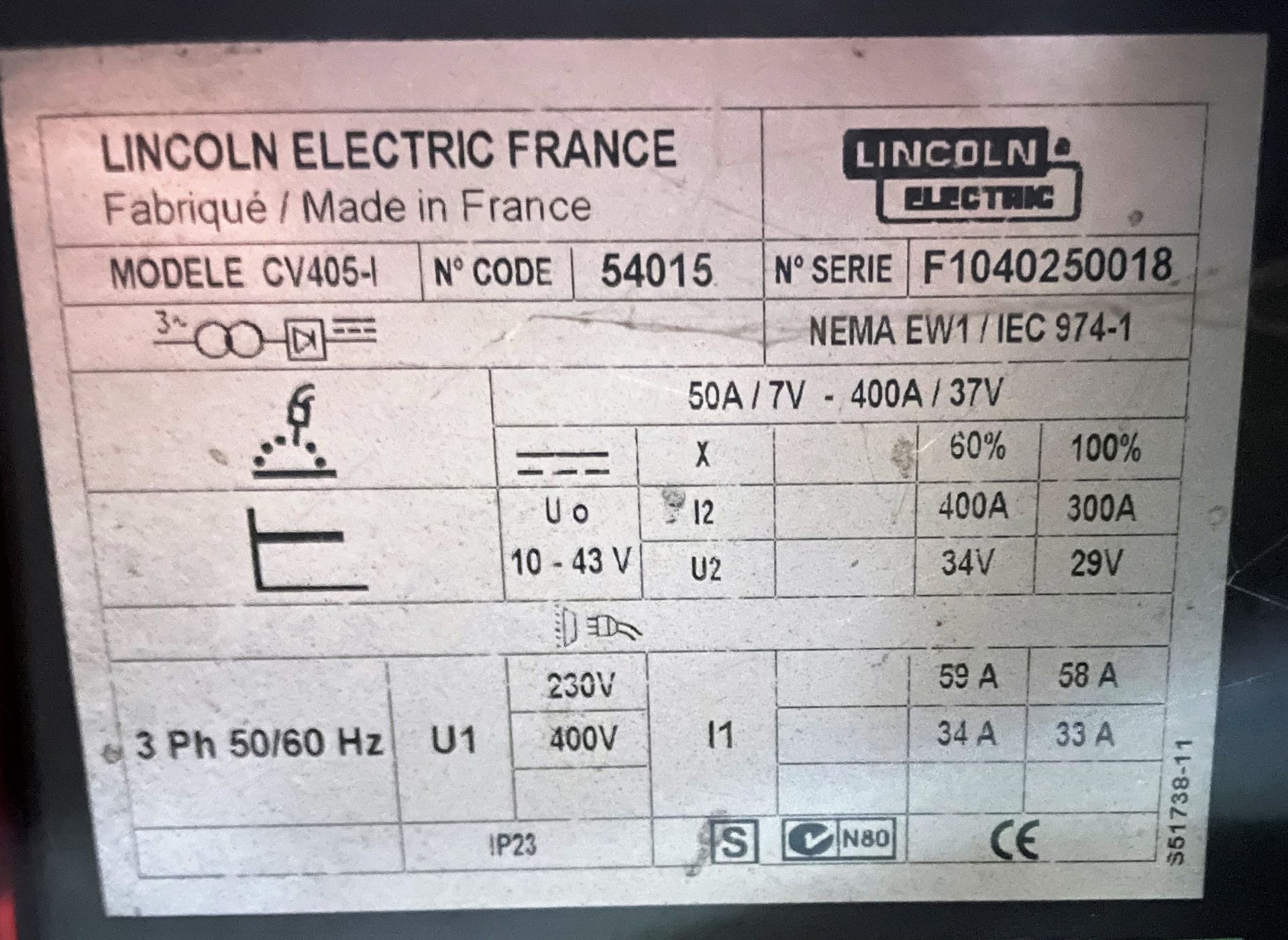 A Lincoln Electric CV405-I Mig Welding Rectifier No.F1040250018 with wire feed unit. - Image 3 of 3