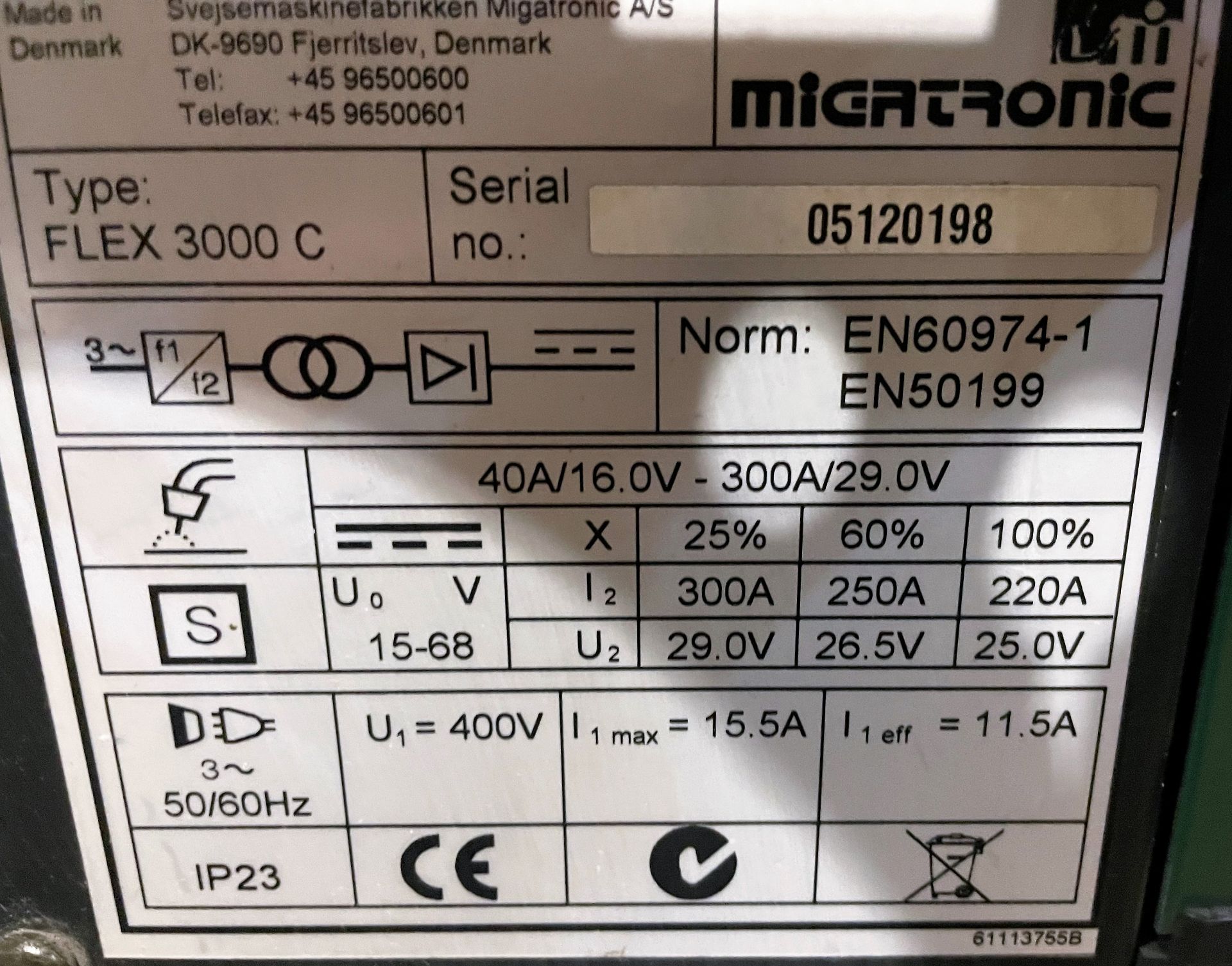 A Migatronic Flex 3000C Inverter Synergic Pulse Mig Welding Rectifer No.05120198 with MCU Cooling - Image 3 of 3