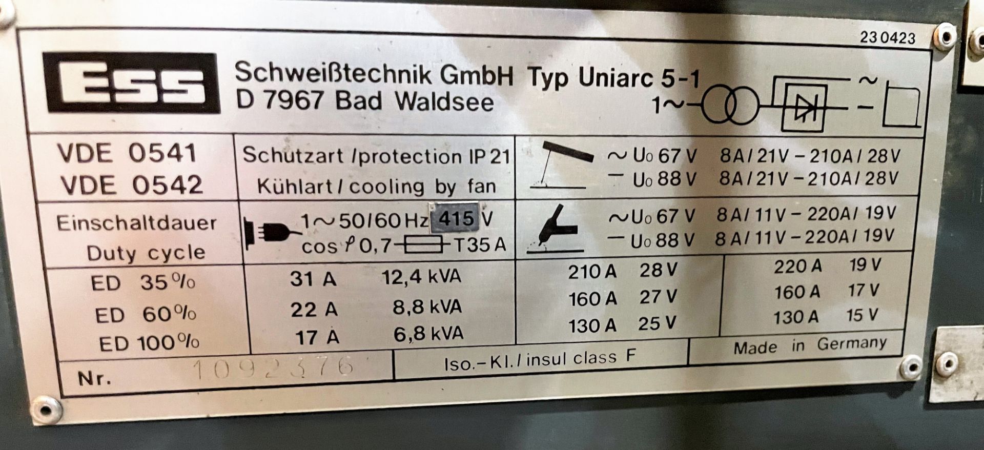 An ESS UNIARC 5 Tig Welding Rectifier No.1092376, 220amp. - Image 3 of 3